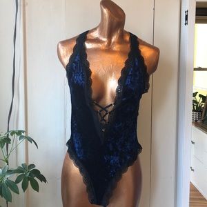 Crushed blue velvet & mesh body suit